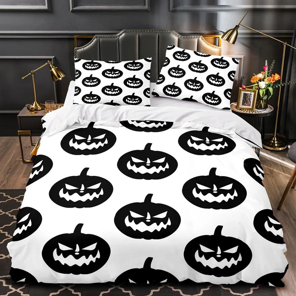 3D Print Halloween Bedding Set, Halloween Cartoon Jack O' Lantern Tombstone Skulls And Bones 2-3Pcs Polyester Duvet Cover Set