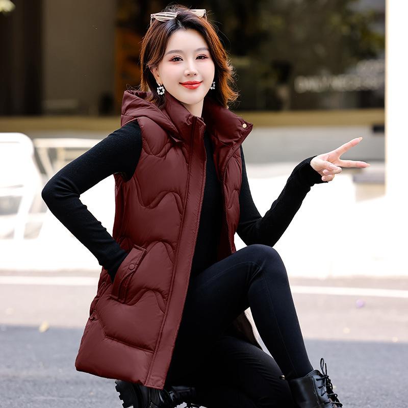 

Down cotton vest women s autumn and winter new thickened hooded outer wear medium and long women s vest vest jacket M бордовый