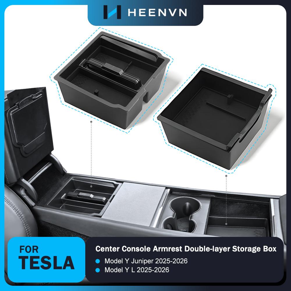 Heenvn For Tesla Model Y Launch Juniper Model Y L 2025 2026 Center Console Armrest Double-layer Storage Box ABS Car Organizer