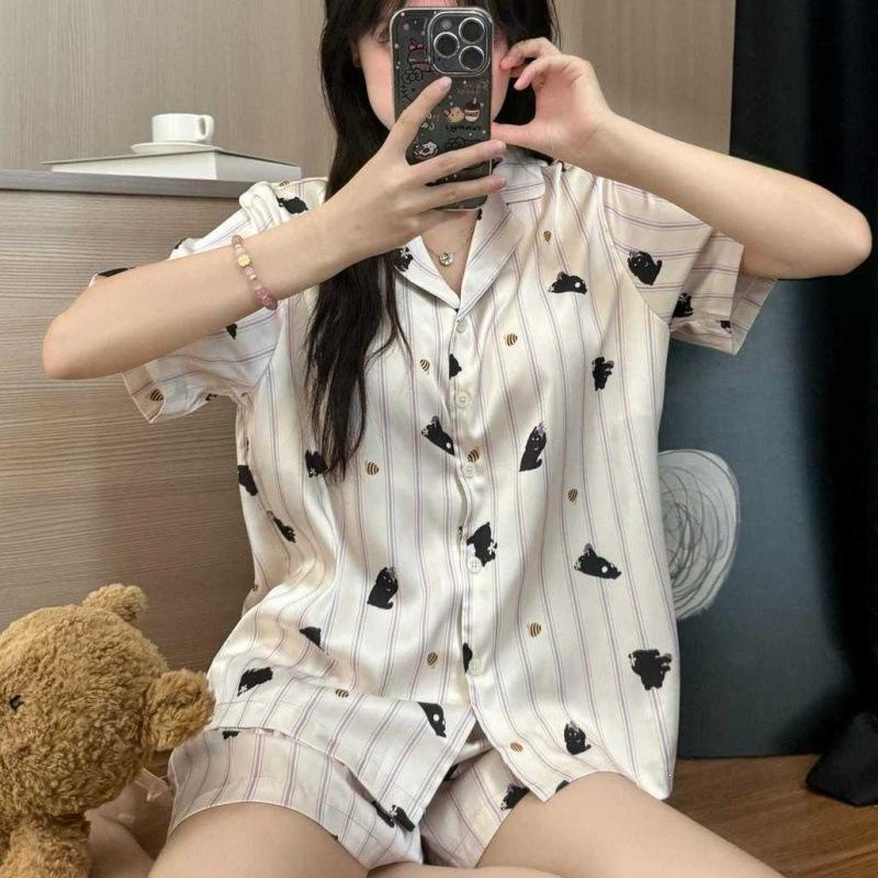 Honeypot Bear Ice and Snow Silk Pajamas Women's Summer Three-piece Cardigan Lapel Ice Silk Short-sleeved Trousers Shorts Loungewear