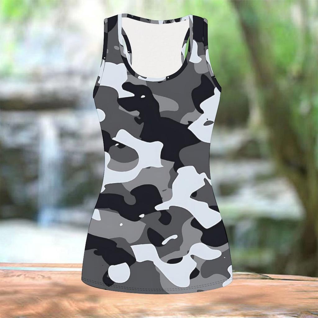 Women Plus Size Scoop Neck Sleeveless Tank Top Green White Gold Floral Printed Curved Hem