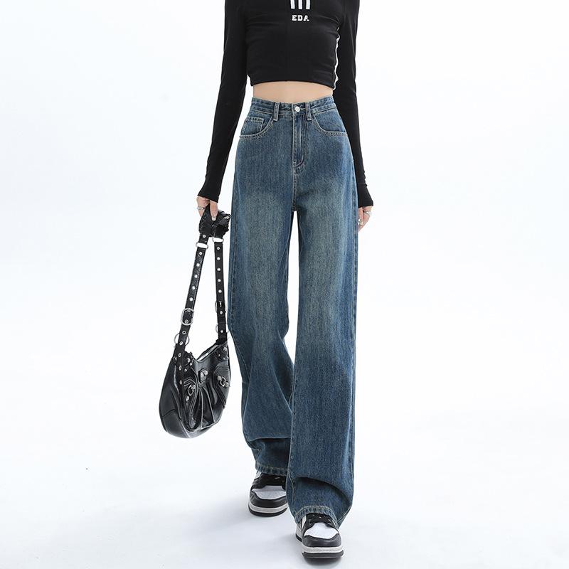 Retro Straight Jeans for Women In Spring and Summer New High-waisted Slim Loose Draped Wide-leg Floor Trousers
