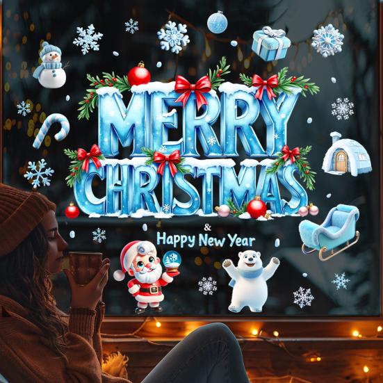 Merry Christmas Window Cling Removable Waterproof Santa Snowman Snowflake Static Glass Sticker Holiday Party Decoration Decal