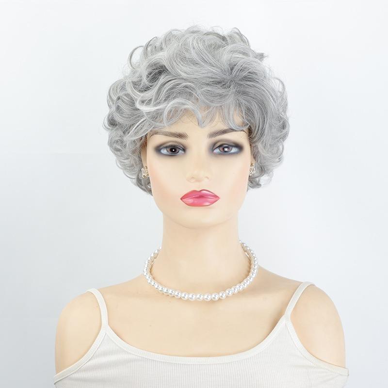 Wig European and American new women's short curly hair, middle-aged and elderly grandma gray curly hair wig cover rose net spot