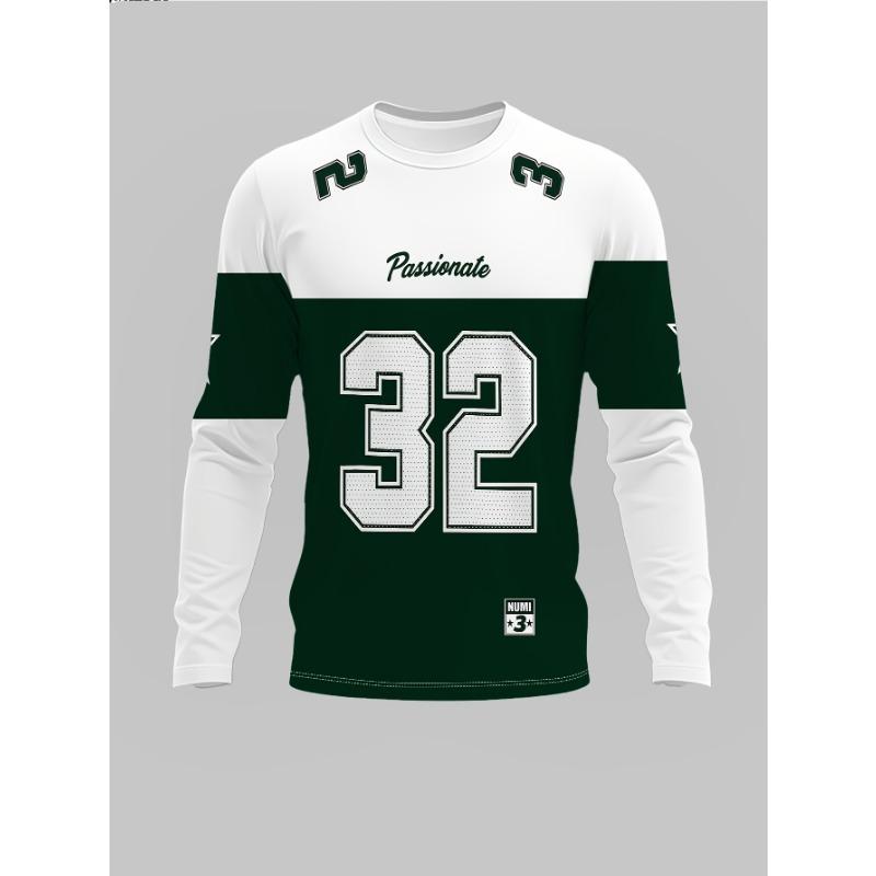 Long-Sleeved T-Shirt, Trendy Black And White Color Block with Number 32 And Star Print, Sporty Casual Top