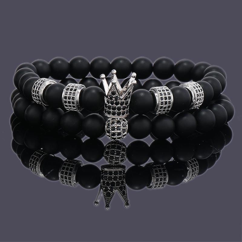 Luxury Natural Black Stone Crown Ball Charm Man Bracelet Women Beaded Bracelets Jewelry Valentines Day Gift
