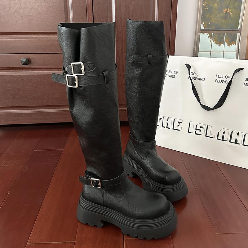 Winter Fashion Platform Woman Knee High Boots Fashion Belt Buckle Square Heels Modern Long Booties