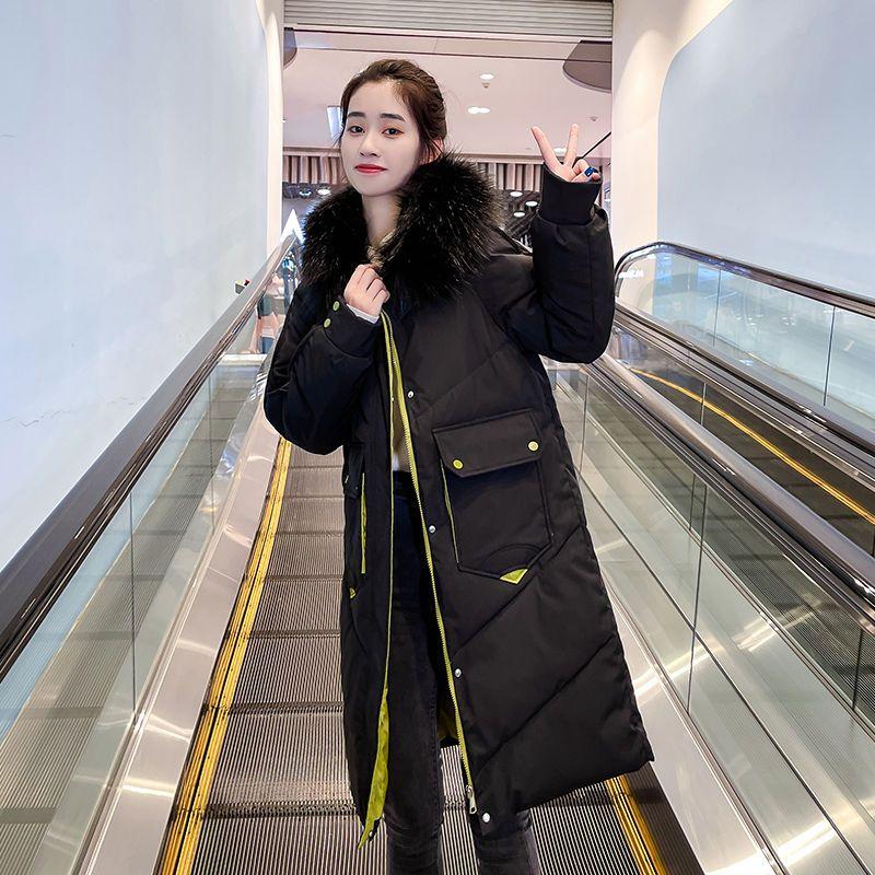 

Куртка из хлопка и пуха большого размера, женская модная зимняя, средней длины, до колена, с высоким меховым воротником, хлопковая куртка, плотная 2XL чёрный
