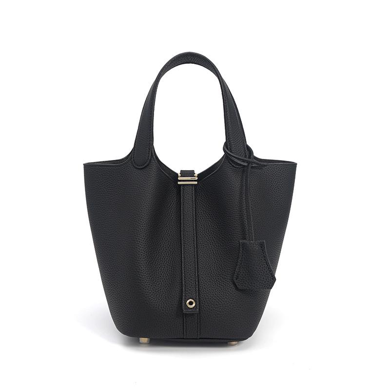 2025 Large Capacity Genuine Leather Commuter Handbag - Lychee Pattern Cowhide Bucket Bag