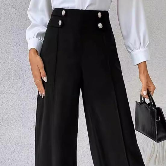 Women Pants High Waisted Wide Straight Leg Trousers Spring Autumn Casual Trousers with Button Detail for Work Daily Wear