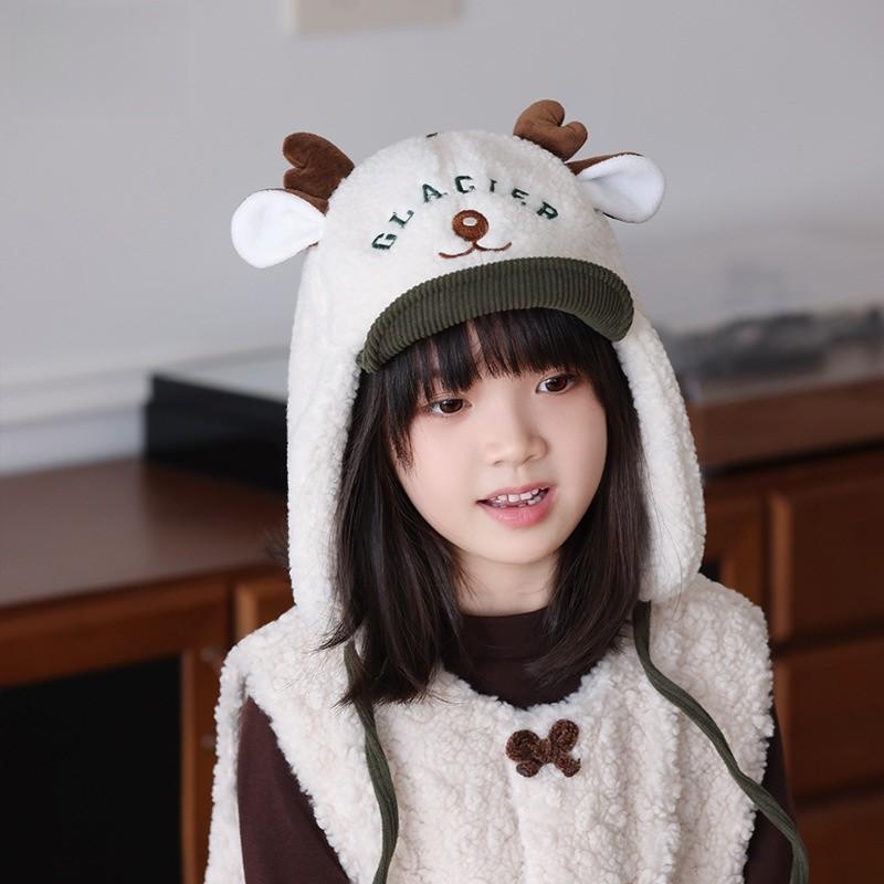 Winter Kids Cartoon Deer Plush Hat With Windproof Ear Flap For Outdoor Warmth