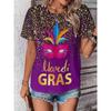 Full Print Women Mardi Gras Mask Pattern T Shirt Casual Short Sleeve Crew Neck Tees Shirt New In Party Tshirts Women's Clothing