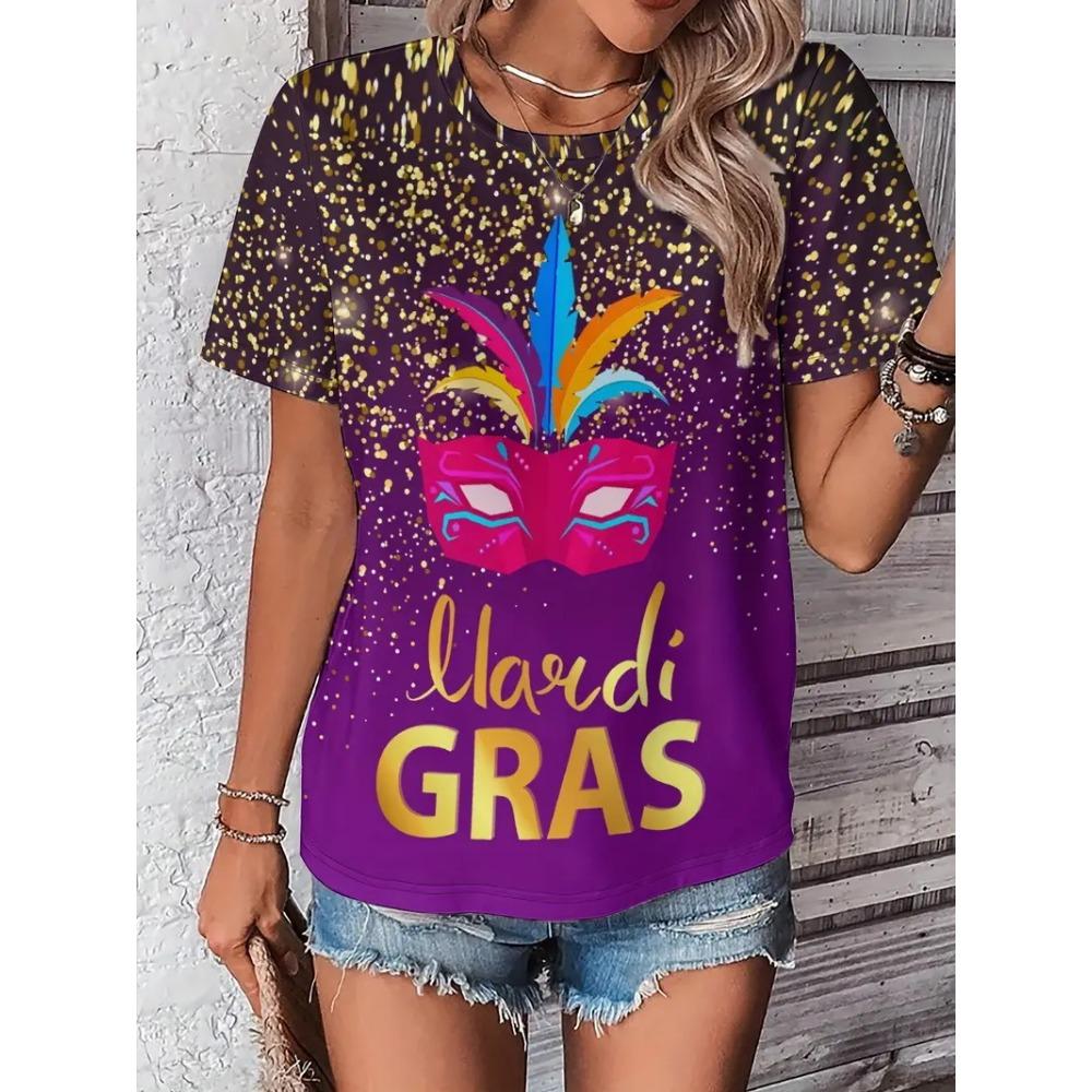 Full Print Women Mardi Gras Mask Pattern T Shirt Casual Short Sleeve Crew Neck Tees Shirt New In Party Tshirts Women's Clothing