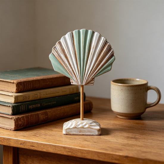 Summer Wooden Shell Ornament with Base Handmade Coastal Seashell Shape Figurine Beach Ocean Tabletop Centerpiece for Living Room Bathroom