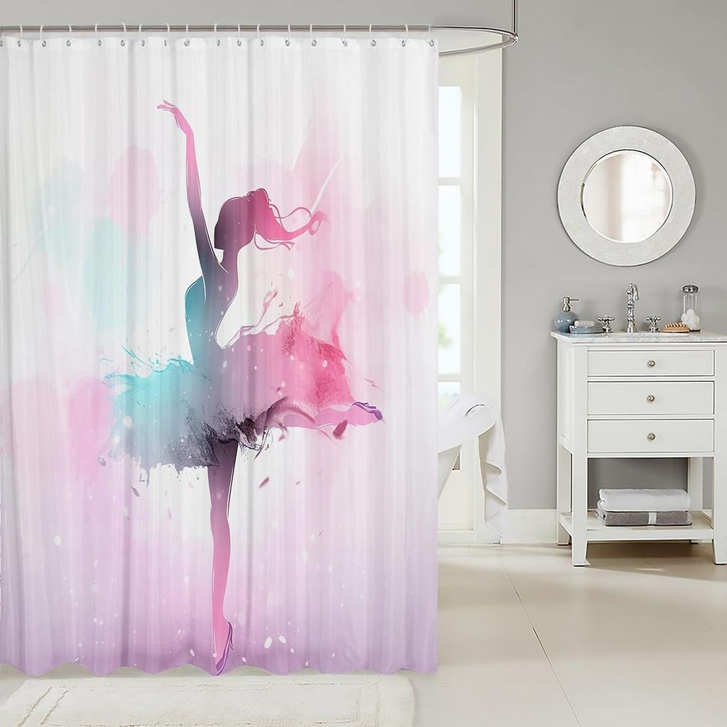 Ballet Dancer Shower Curtain Watercolor Dance Art Pink Purple Design Bathroom Decor Linen150X160