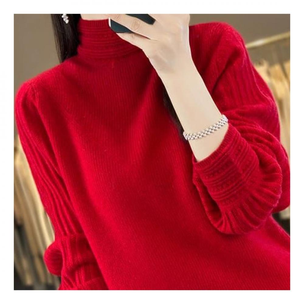 Navava Women Vintage Rib Puff Half Polo Long Sleeve Knit Nk1941