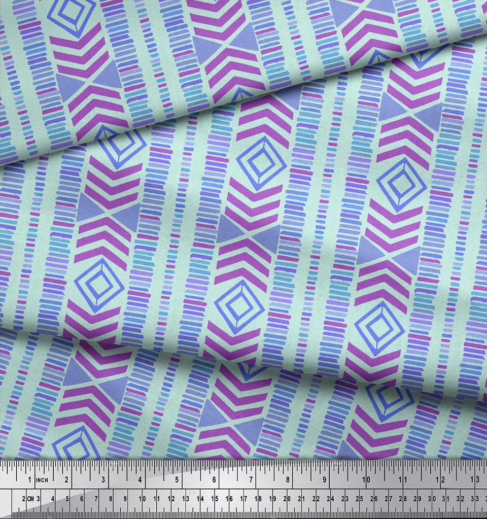 Soimoi Blue Japan Crepe Satin Fabric Aztec Geometric Print Fabric by the Metre 42 Inch