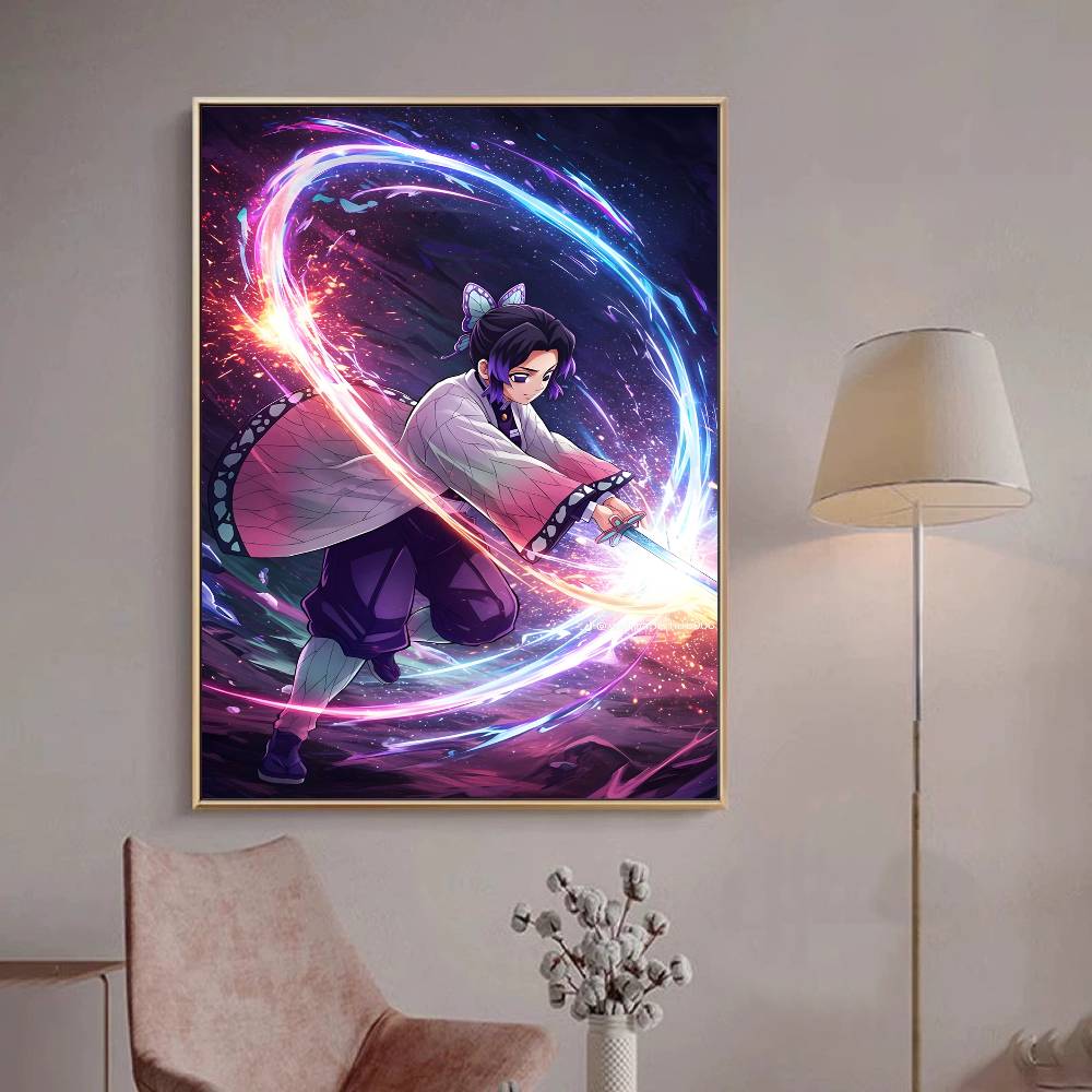 Japanese Anime Demon Slayer Self-adhesive Art Poster Retro Kraft Paper Sticker DIY Room Bar Cafe Stickers Wall Painting