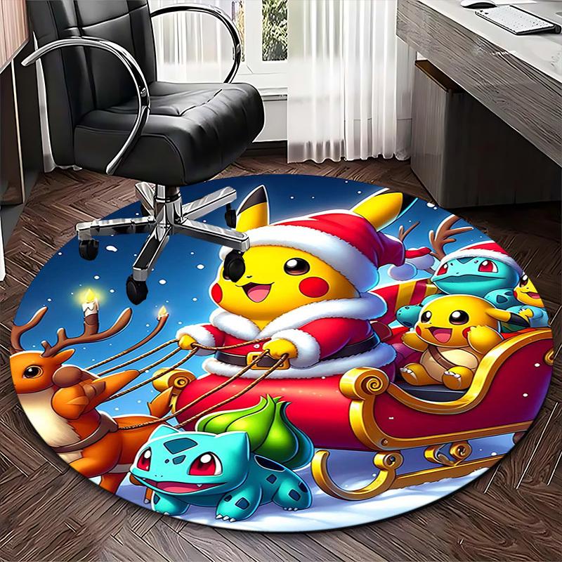 1pc Christmas Pikachu Santa Claus Round Carpet - Anime Design Office Chair Mat, Non-Slip Rug for Home Decor, Living Room