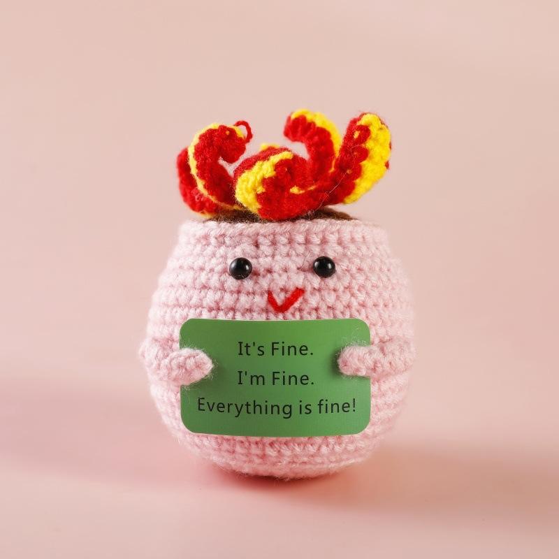 Handmade Crochet Emotional Support Dumpster Fire Doll With Positive Card Funny Knitted Dumpster Desktop Ornaments Christmas Gift
