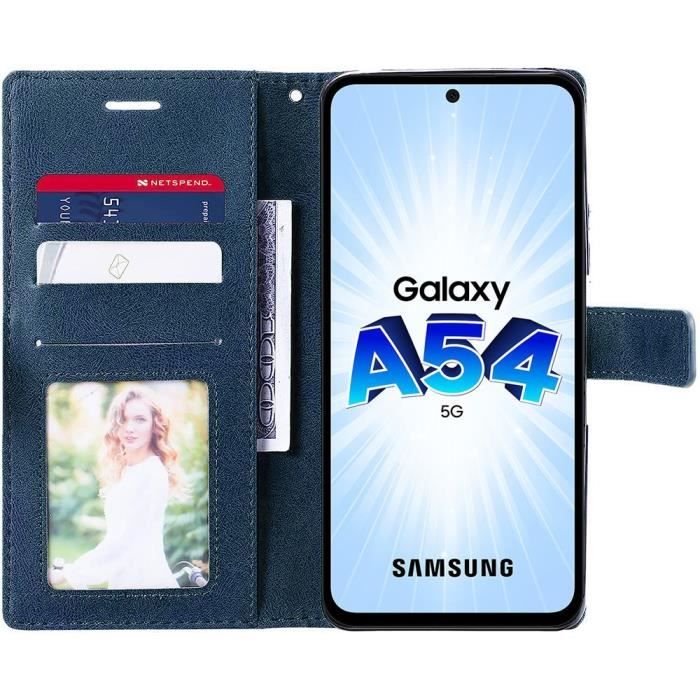 Skal till Samsung Galaxy A54 5G + 2 skärmskydd i härdat glas - Marinblått konstläder