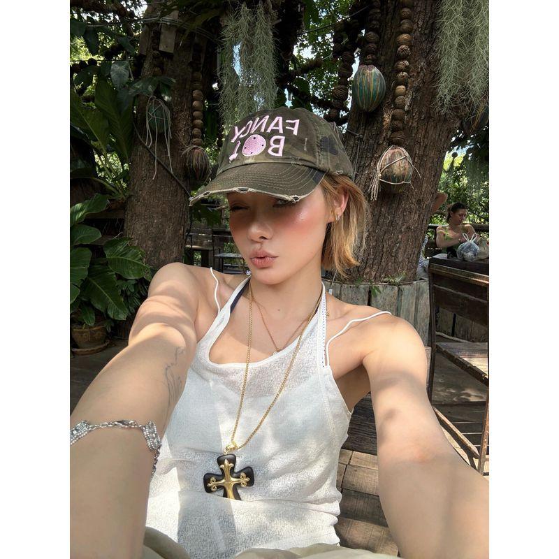 

Fashion Sexy Style Halterneck Backless Lace up Camisole Women s Summer Asymmetrical Sexy See-through Tops Two-piece Set Sling + vest S