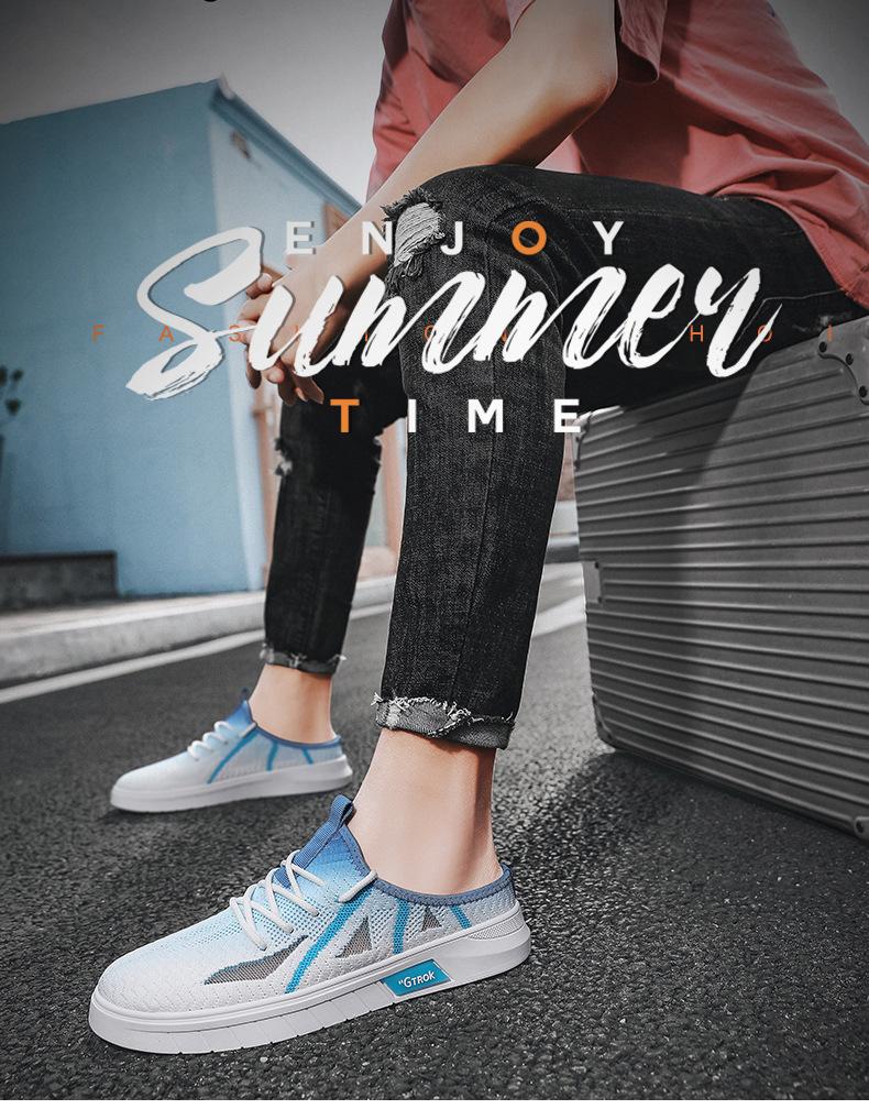 Trendy shoes summer semi-drag breathable fly-woven board shoes Korean version of casual trendy men's one-pedal lazy shoes outdoor men's shoes