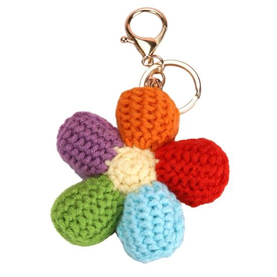 Gestrickter Anhänger Regenbogenfarben Herz Blumenform Häkel-Schlüsselanhänger Weiches Baumwollgarn Handgemachter Taschenanhänger Autoschlüssel Rucksack-Accessoire