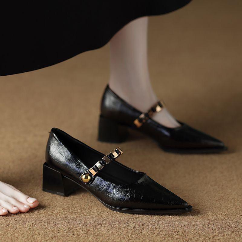 French Mary Jane Shoes Fashion Thick Heel High Heel Pointed Small Leather Shoes Spring and Autumn New Fashion Versatile Small Fragrance