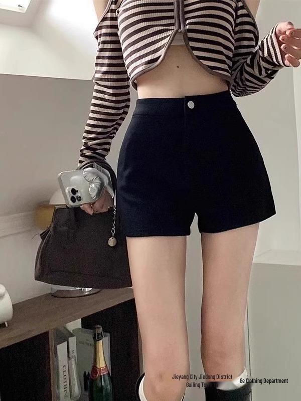 Sexy Korean-Style Black Elastic Shorts for Women with Fleece, Fashionable Spring Pants