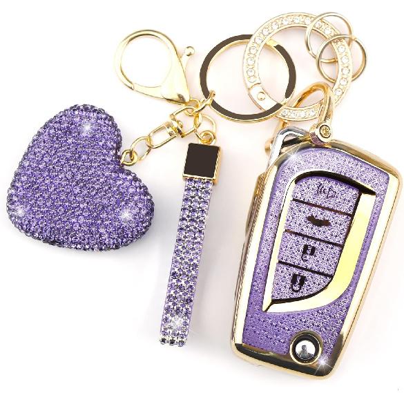 Key Fob Cover with Diamond Keychain, Car Key Holder Compatible with Toyota Avalon Camry Corolla Fortuner Highlander Levin Rav4 Sequoia Sienna Tacoma