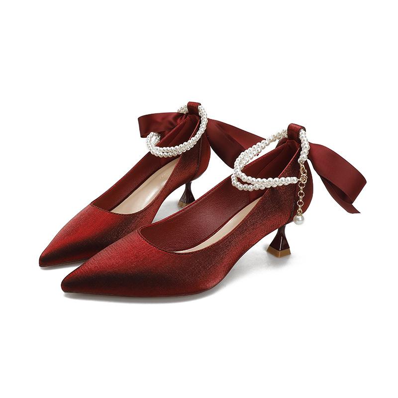 Burgundy heel bow wedding shoes women's new pearl strap Mary Jane shoes low heel pointed high heels