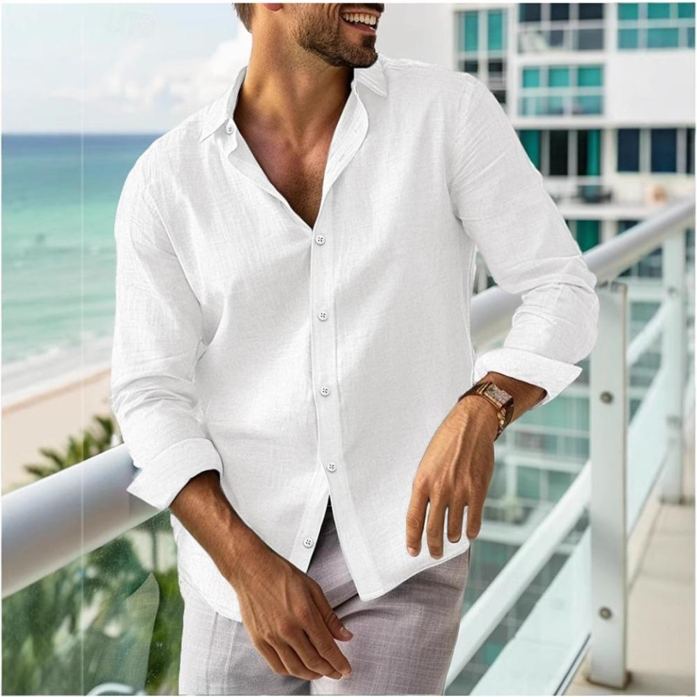 Men's Summer Shirt Button-down Shirt Long-sleeved Plain-coloured Collared Shirt Spring/Summer Casual Everyday Wear