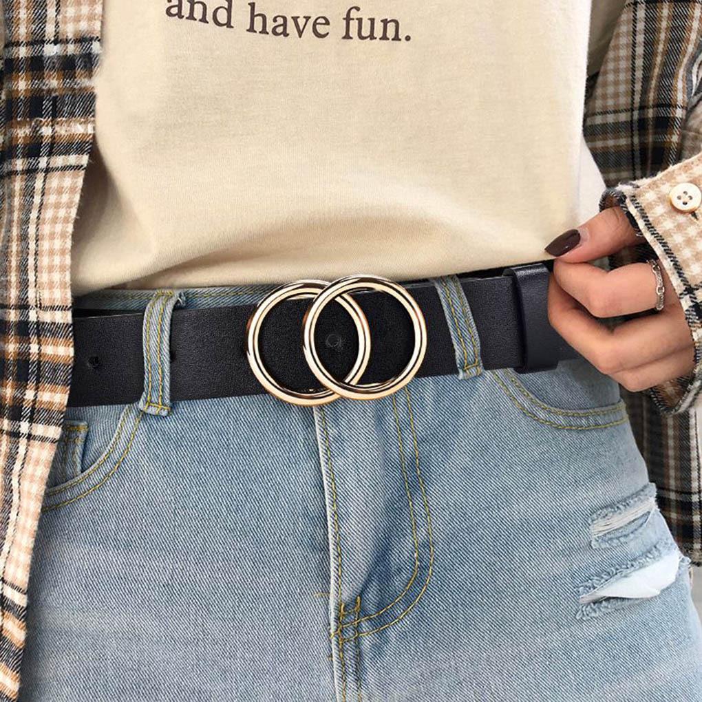 Women's Black Minimalist Double O Buckle Leather Belt – Korean-Style Waistband, Thin Fashion Accessory for Skirts and Jeans