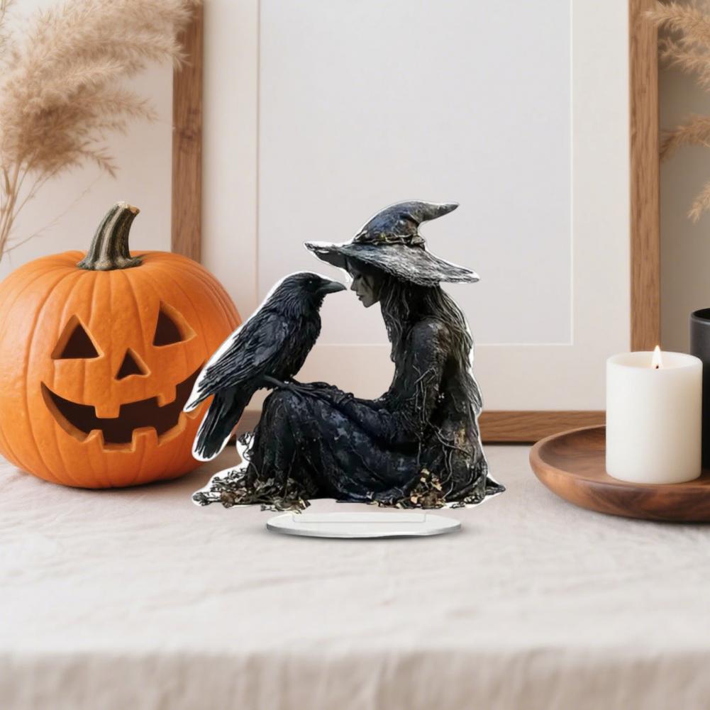 Halloween Witch Decoration Witch Decor Spooky Halloween Crow Witch Acrylic Ornament for Home Office Decor 2d Raven for Bookshelf