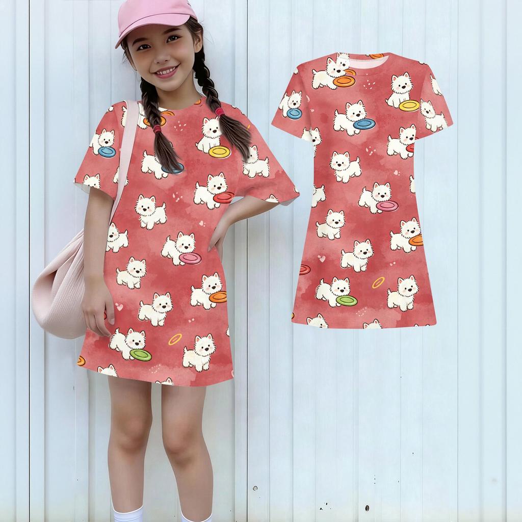 Mädchen lockeres kurzärmeliges Kleid leicht rundhalsig lässiges Kleid mit Tiermotiv bequemes Sommerkleid für Kinder