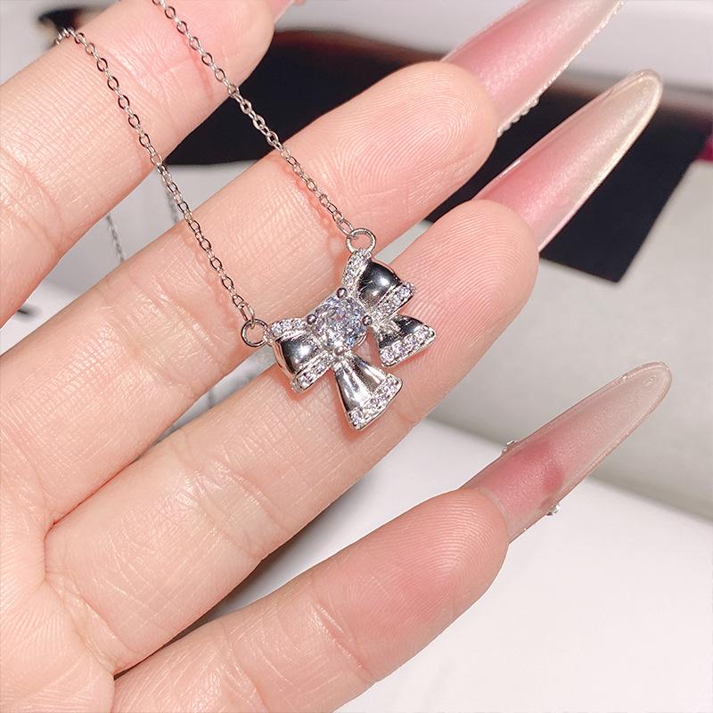 Clear Sky Pink Zircon Bow Necklace, S925 Sterling Silver, Micro-set Fine Chain, Everyday Wear.