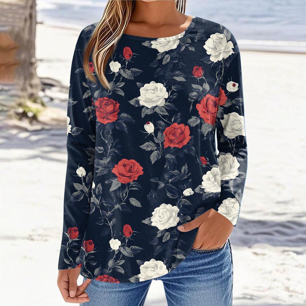 Women's Fashionable Casual Printed Long Sleeved Round Neck Top Round Neck Top Top