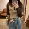 Green Stitching Contrasting Color Polo Lapel Long-sleeved T-shirt Women's Autumn and Winter New Slim Fit and Age-reducing Bottoming Top