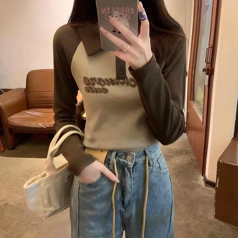 Green Stitching Contrasting Color Polo Lapel Long-sleeved T-shirt Women's Autumn and Winter New Slim Fit and Age-reducing Bottoming Top