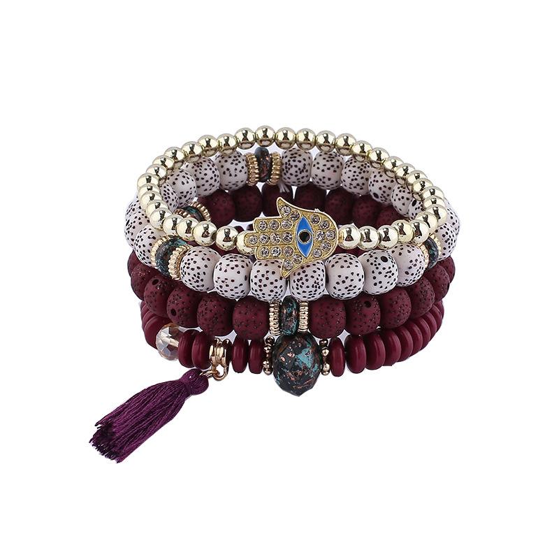 New Evil Eye Tassel Bracelet Set For Women Crystal Fatima Hand Charm Stone Beads Chain Bangle Female Bohemian Jewelry Gift
