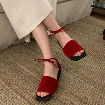 Mode Neue Sommer Flache Schuhe Damen Eckige Zehen Offene Zehen Schnürschuhe Ein Riemen Vielseitige Weiche Sohle Rutschfest Abnutzungsbeständige Sandalen