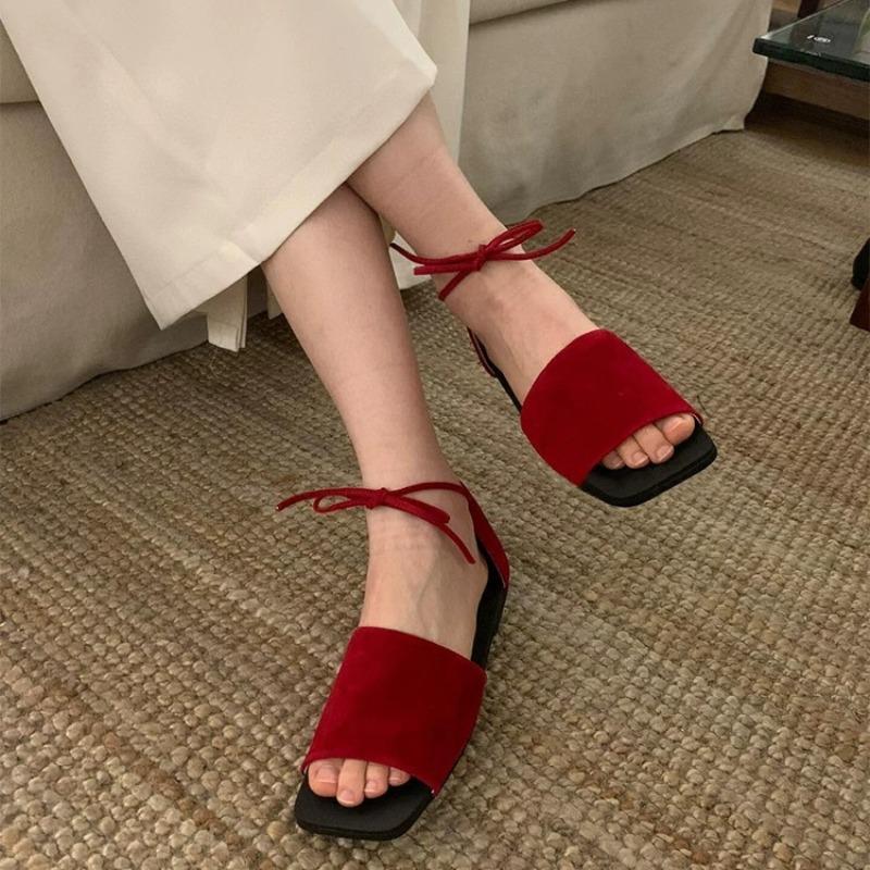 Fashion New Summer Flat Shoes Women's Square Toe Open Toe Lace-up One Strap Versatile Soft Sole Non-slip Wear-out Sandals