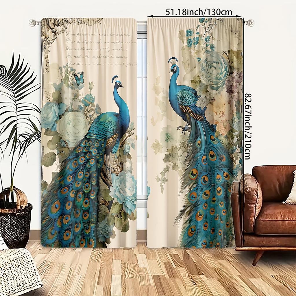 2PCS, Multicolor, Elegant Peacock and Floral Print with Vintage Script Accents Curtains, for Bedroom and Living Room, Rod Pocket