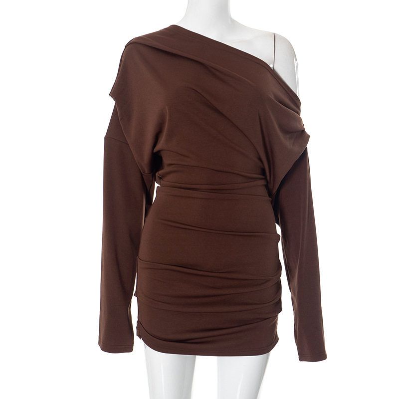 

H24Ds263 European and American Cross-Border Women s Fashion New Style Sexy Mature Solid Color Long-Sleeve Off-Shoulder Loose Short Dress Brown S