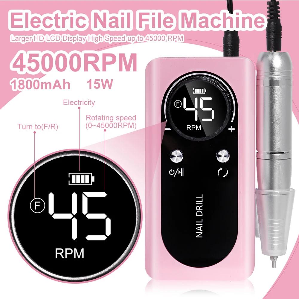 45000RPM Nail Drill Machine Portable Rechargeable Electric Nail File With HD LCD Display Professional Nail Art Polishing Machine
