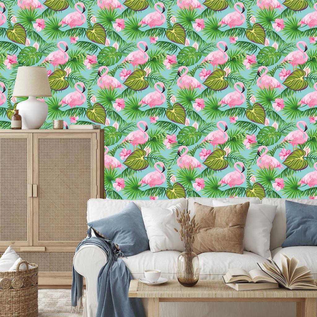 Flamingos, flowers and tropical leaves wallpaper for living room and bedroom 50x1000