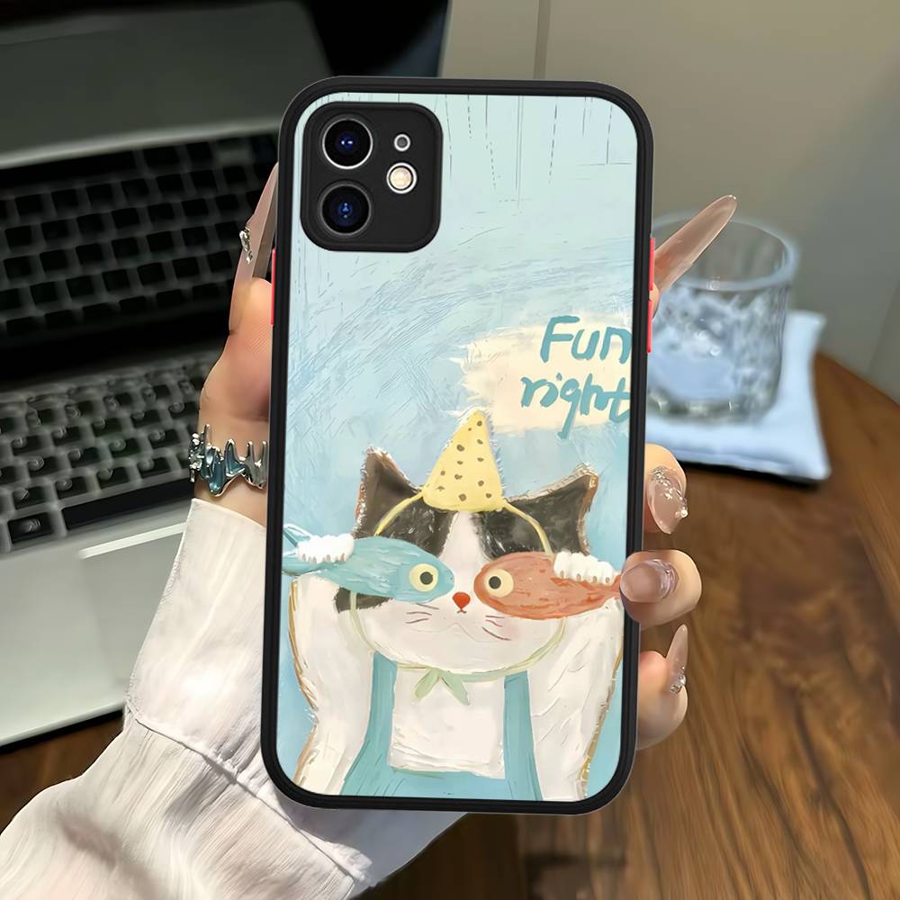 A Cute Comic Cat Matte Transparent Phone Cover For IPhone Case 16 15 14 13 12 11 Pro Max X XS Max Plus