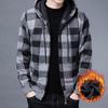 Cardigan Invernale da Uomo Colore a Contrasto Stampa Plaid Cappuccio Coulisse Giacca Media Lunghezza Maglia Spessa Maniche Lunghe Chiusura con Zip Cappotto