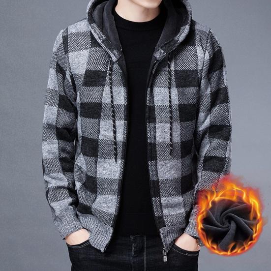 Cardigan Invernale da Uomo Colore a Contrasto Stampa Plaid Cappuccio Coulisse Giacca Media Lunghezza Maglia Spessa Maniche Lunghe Chiusura con Zip Cappotto